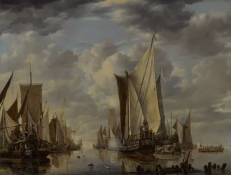 Schiffe in einer ruhigen See bei Vlissingen mit einer Salutschuss abfeuernden Yacht der Generalstaaten